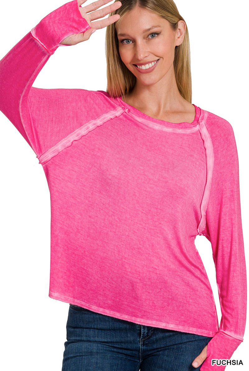 WASHED THUMB HOLE CUFFS SCOOP-NECK LONG SLEEVE TOP
