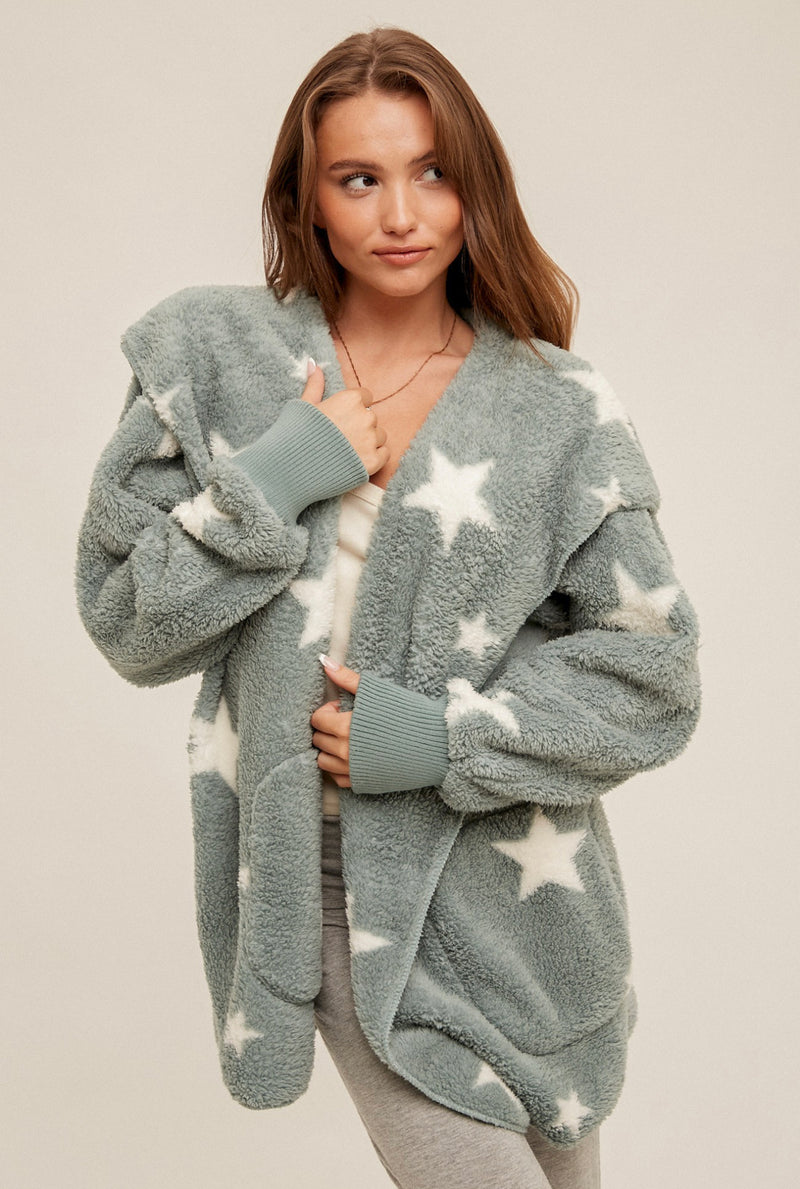 Star Print Sherpa Fleece Cozy Jacket with Pockets