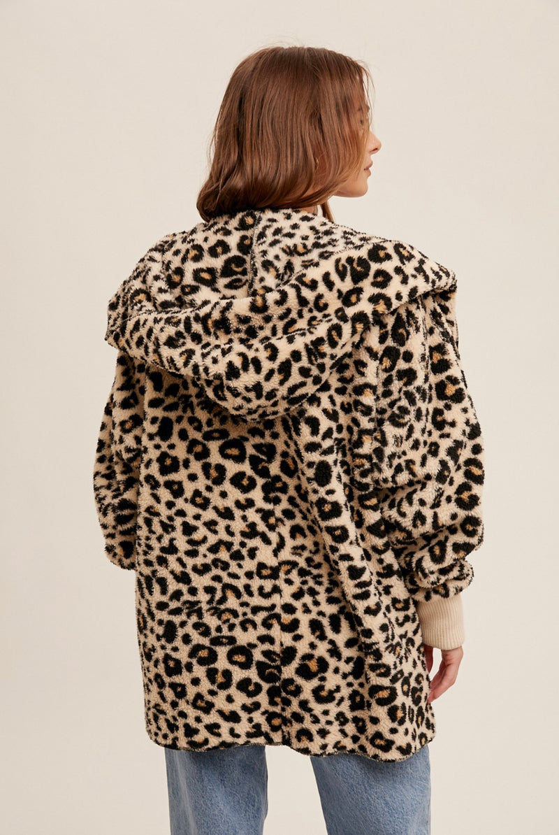 Leopard Print Sherpa Fleece Cozy Jacket with Pockets