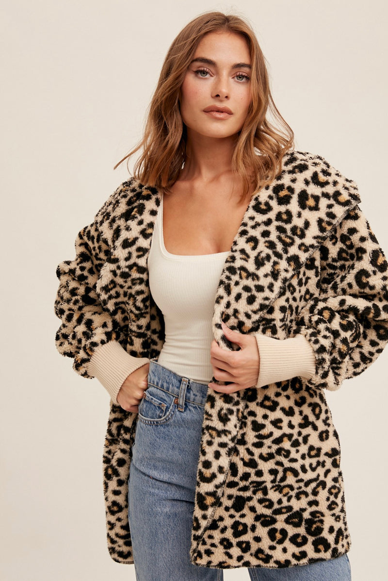 Leopard Print Sherpa Fleece Cozy Jacket with Pockets