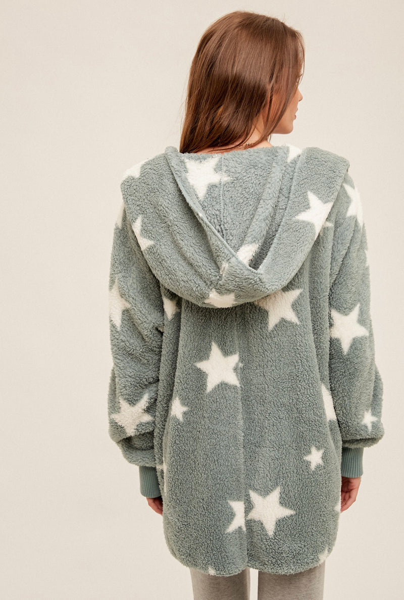 Star Print Sherpa Fleece Cozy Jacket with Pockets
