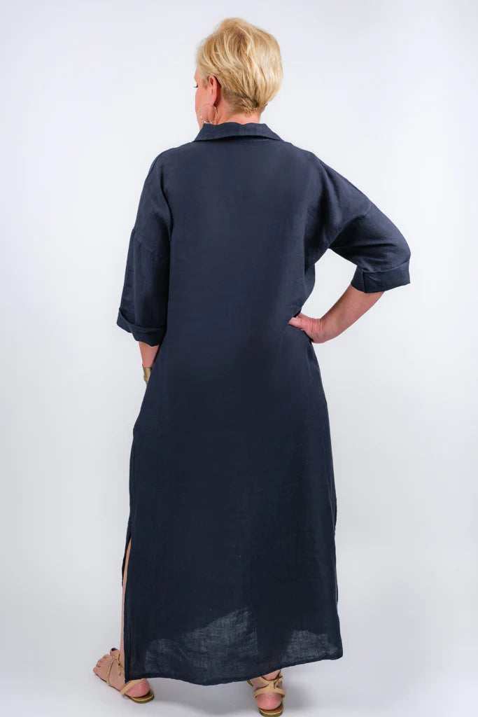 Open Collar Linen Dress - TEES BY TINA DQ107