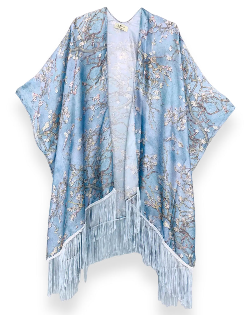 Silky Fringe Trimmed Cherry Blossom Kimono