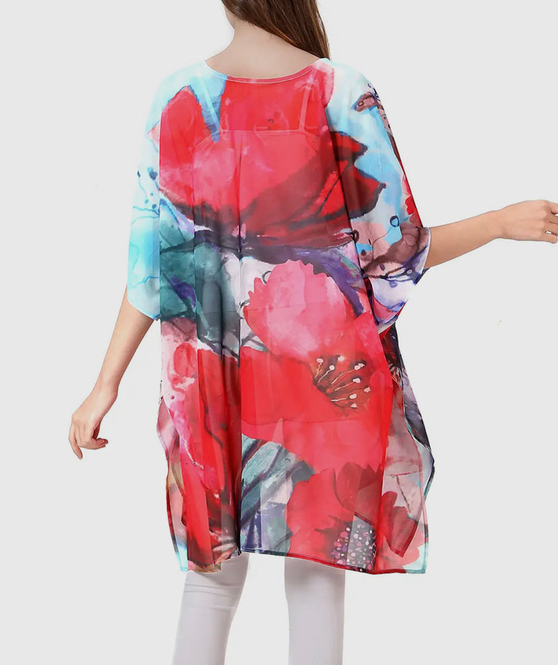 Watercolor Painting Floral V-neck Tunic