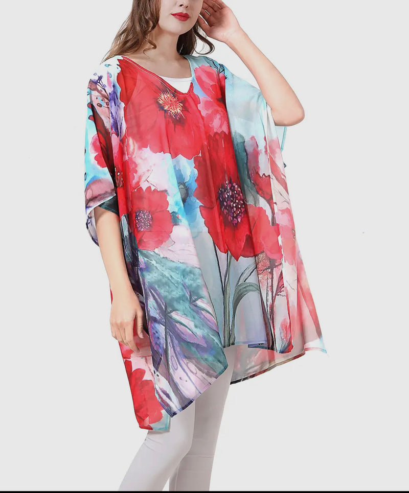 Watercolor Painting Floral V-neck Tunic