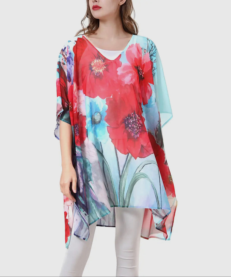 Watercolor Painting Floral V-neck Tunic