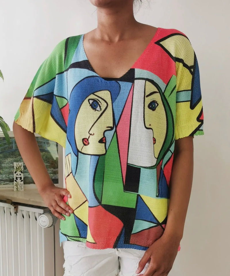 "Picasso" V-Neck Knit Printed Short Sleeves Knit Top