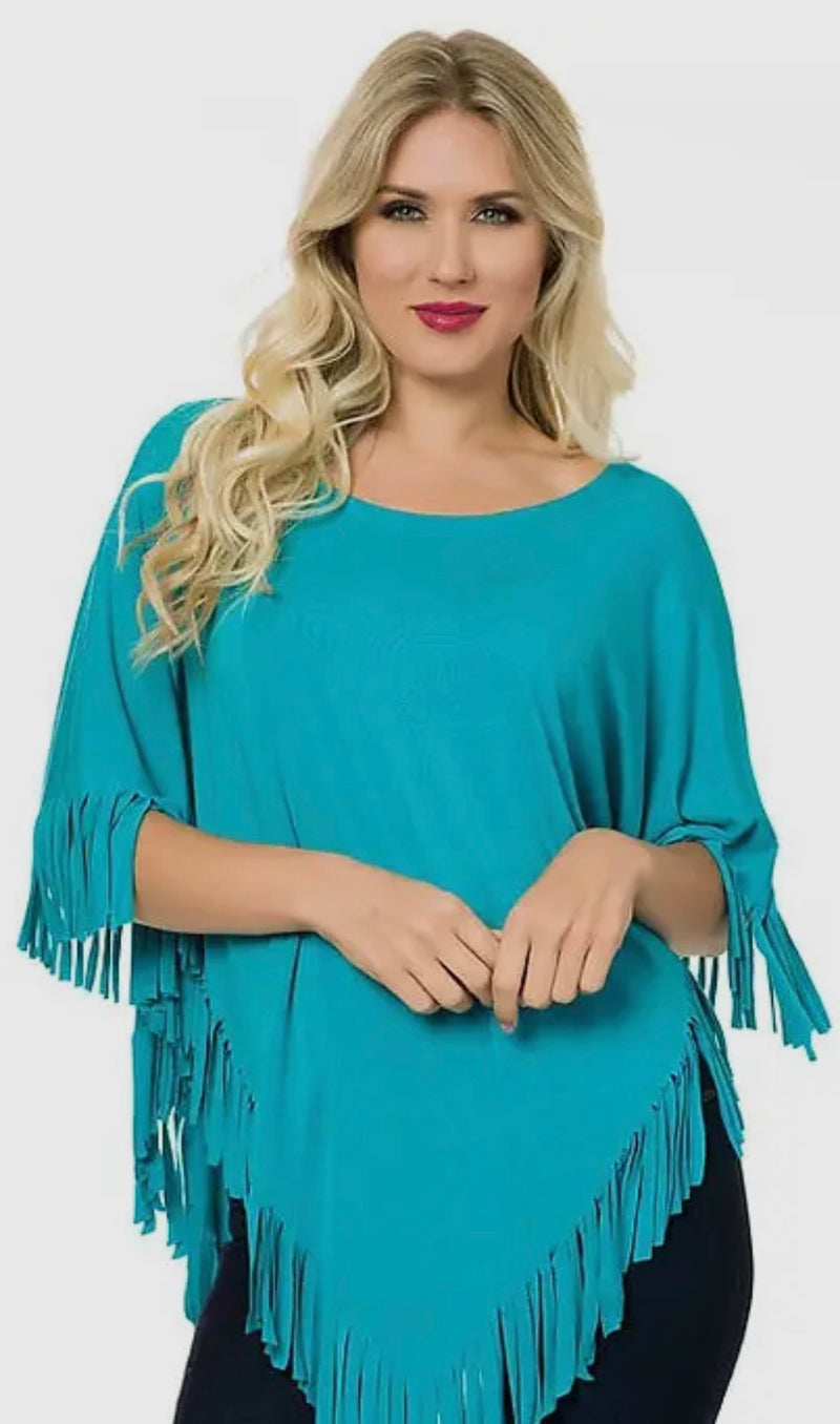 Fringes for Fun V Point Turquoise Tunic