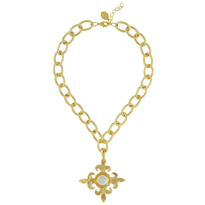 SUSAN SHAW 3736G Gold Fleur Cross + Pearl Loop Chain Necklace