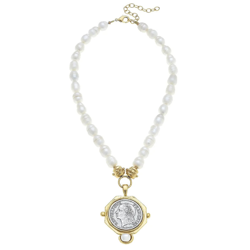 SUSAN SHAW 3359CR Gold and Silver Franc with Hand Set Pearl on Genuine Freshwater Pearl Necklace