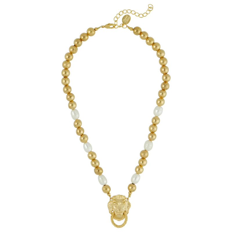 SUSAN SHAW 3564G Gold Bead + Pearl Lion Knocker Necklace