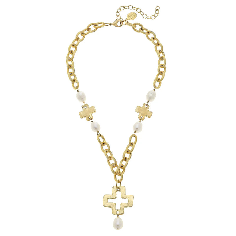 SUSAN SHAW 3218C Gold Cross and Genuine Freshwater Pearl Chain Necklace