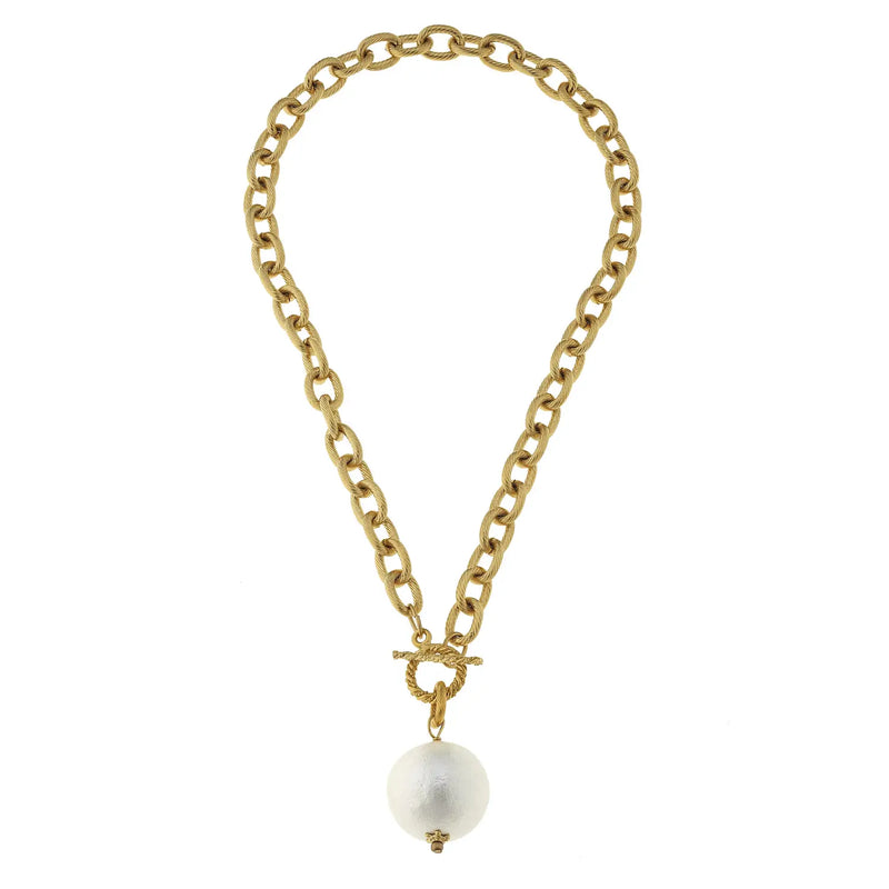 SUSAN SHAW 3828W Cotton Pearl on Gold Toggle Necklace